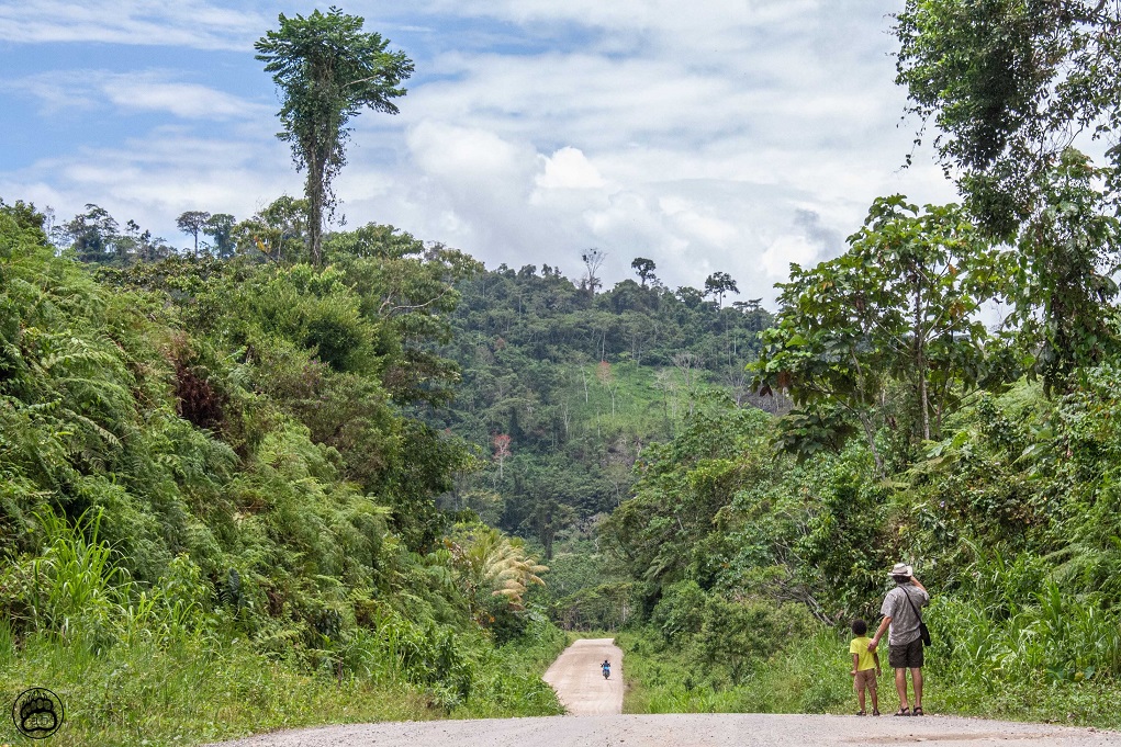 Dan Travers and Ash Leland stand on the edge of the Amazon rainforest near Santa Maria de Nieva, Peru 