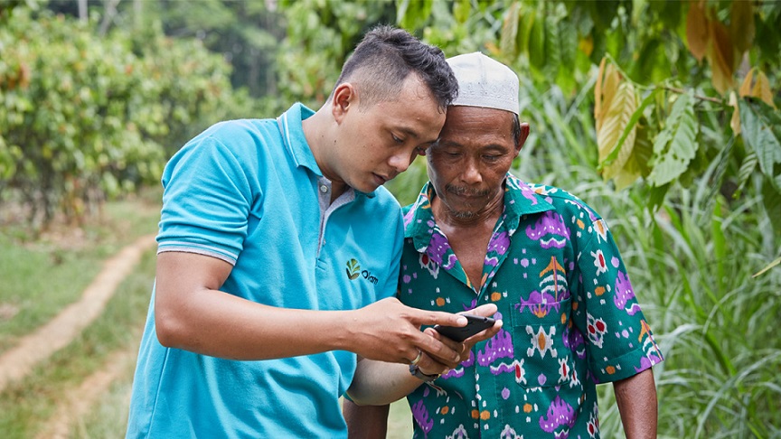two cocoa farmers using smartphone